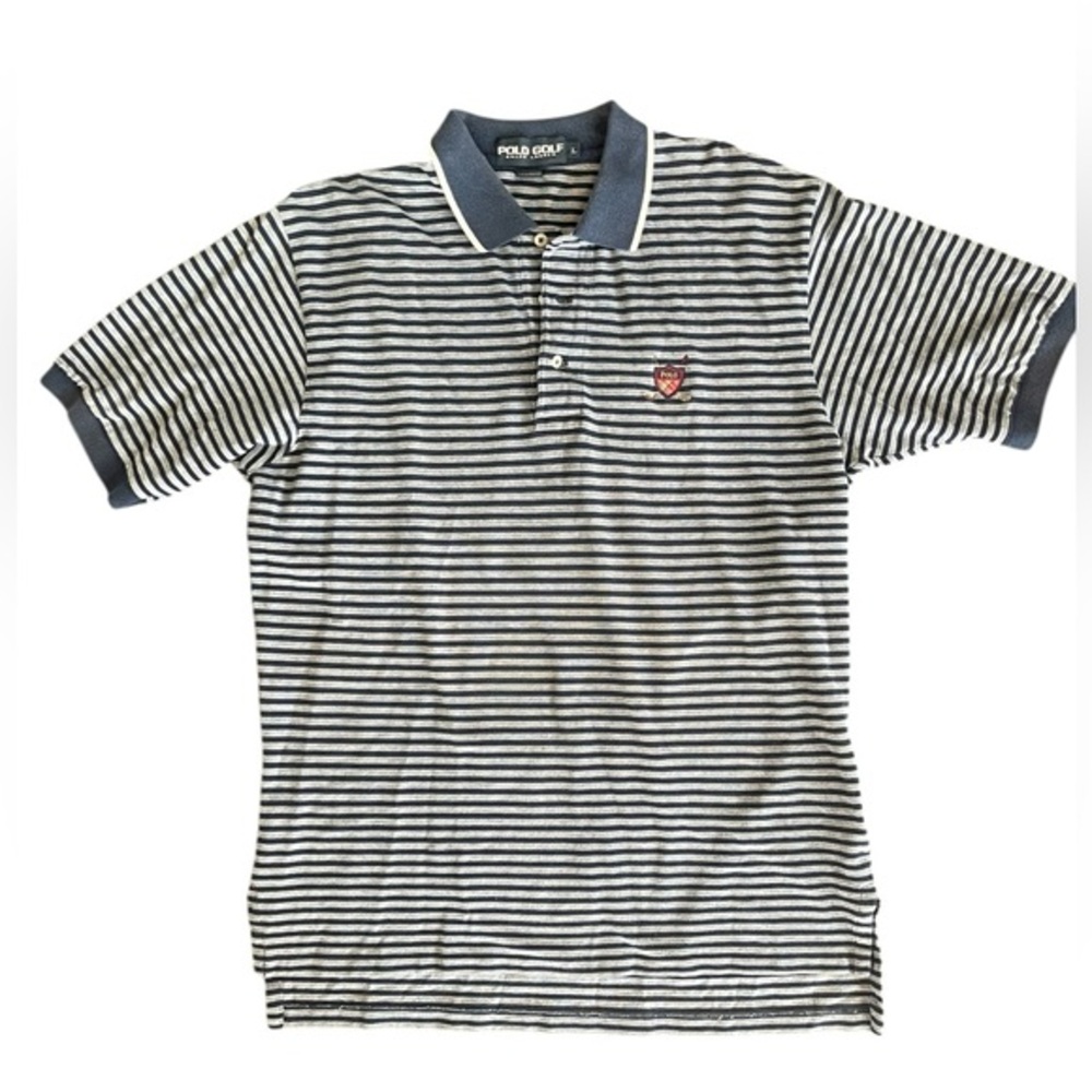 POLO RALPH‎ LAUREN Vintage Golf Shirt Shortsleeve Grey Navy Stripe Classic LARGE - Picture 6 of 11